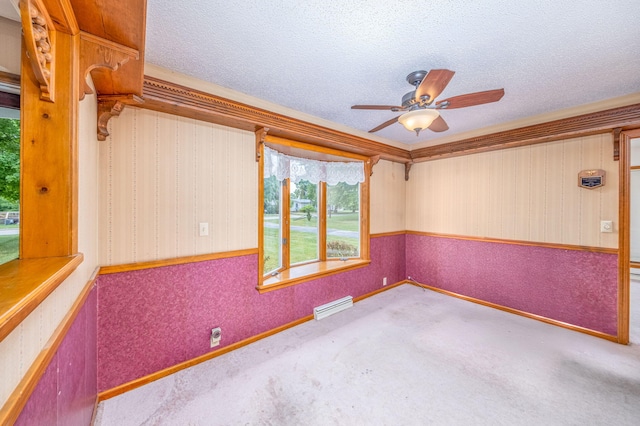 616 N Lincoln Ave, Lakeview, MI 48850 - empty room featuring wallpapered walls, ceiling fan, carpet flooring, a textured ceiling, and a wainscoted wall