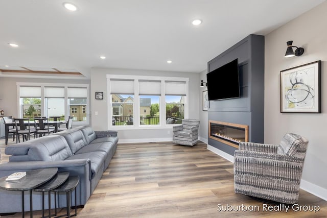8056 Tramway Dr SW, Byron Center, MI 49315 - living area with a glass covered fireplace, recessed lighting, and wood finished floors