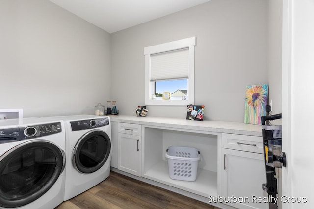 8056 Tramway Dr SW, Byron Center, MI 49315 - washroom featuring independent washer and dryer, cabinet space, and dark wood-type flooring