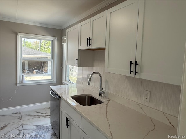 147 Euclid St, Mount Clemens, MI 48043 - kitchen with stainless steel dishwasher, light marble finish floors, light stone counters, white cabinetry, and tasteful backsplash