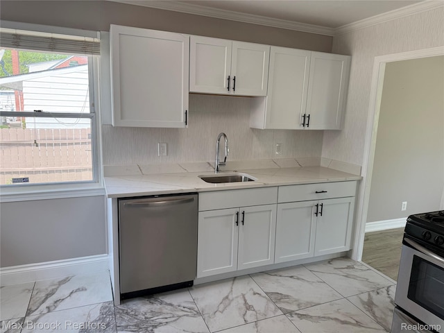 147 Euclid St, Mount Clemens, MI 48043 - kitchen with appliances with stainless steel finishes, light marble finish flooring, light stone countertops, healthy amount of natural light, and crown molding