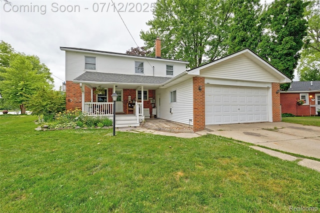 1962 Lake Pointe Dr, Ortonville, MI 48462 - view of front of property featuring covered porch, brick siding, a garage, driveway, and a chimney