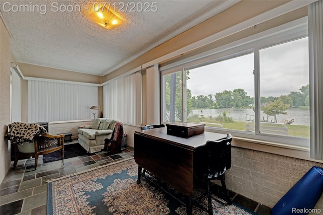 1962 Lake Pointe Dr, Ortonville, MI 48462 - office area with a textured ceiling, stone finish floors, and a water view