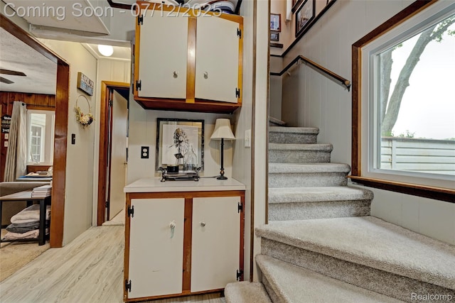 1962 Lake Pointe Dr, Ortonville, MI 48462 - staircase with plenty of natural light, wood finished floors, and wood walls
