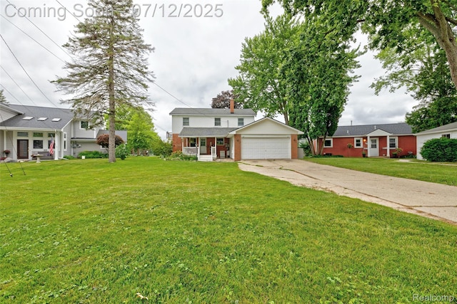 1962 Lake Pointe Dr, Ortonville, MI 48462 - view of front of home featuring a porch, a garage, brick siding, and a front lawn