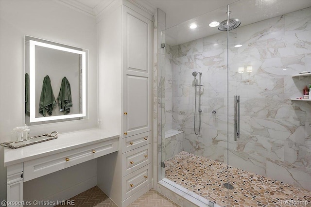 586 Fairfax St, Birmingham, MI 48009 - bathroom with a marble finish shower, crown molding, and recessed lighting