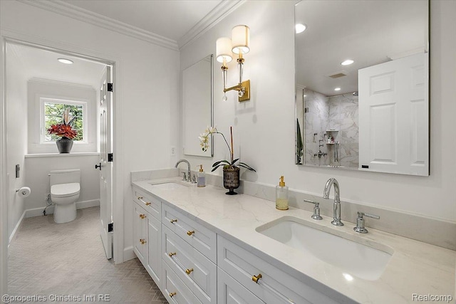 586 Fairfax St, Birmingham, MI 48009 - full bath featuring double vanity, recessed lighting, crown molding, and a shower