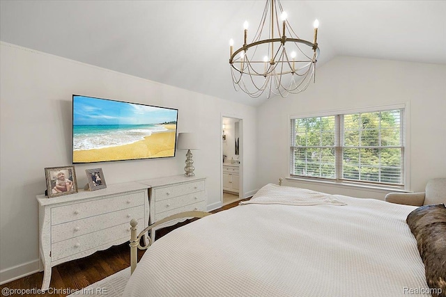 586 Fairfax St, Birmingham, MI 48009 - bedroom featuring a chandelier, vaulted ceiling, wood finished floors, and ensuite bathroom