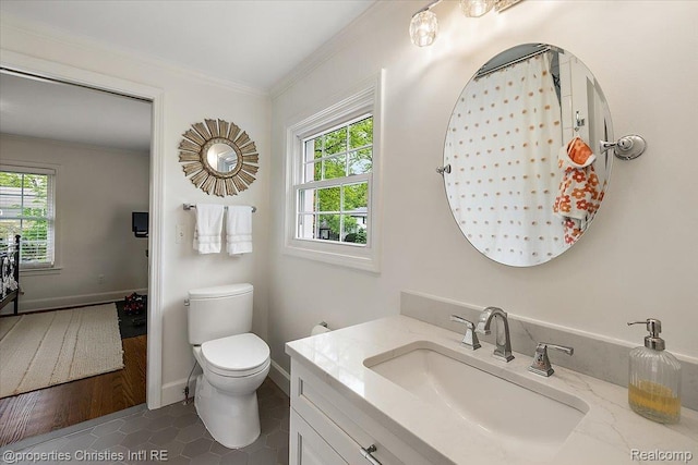 586 Fairfax St, Birmingham, MI 48009 - bathroom with crown molding, vanity, tile patterned flooring, and a shower with shower curtain