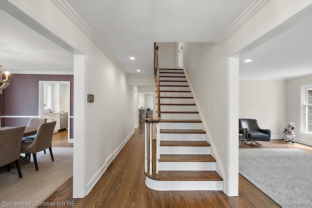 586 Fairfax St, Birmingham, MI 48009 - stairs featuring wood finished floors, recessed lighting, and ornamental molding
