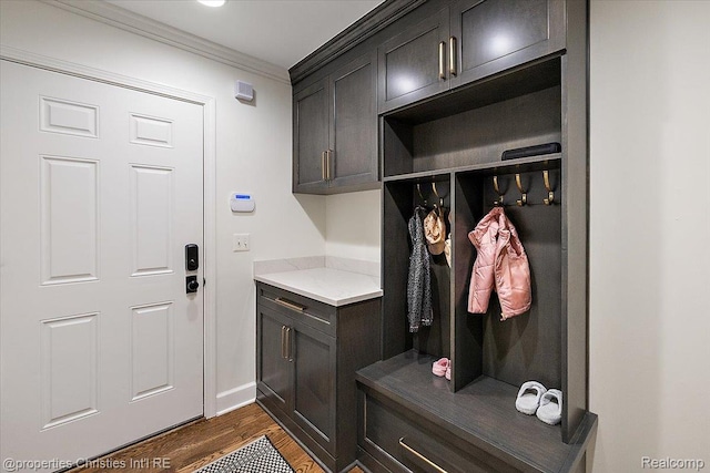 586 Fairfax St, Birmingham, MI 48009 - mudroom featuring crown molding and dark wood finished floors