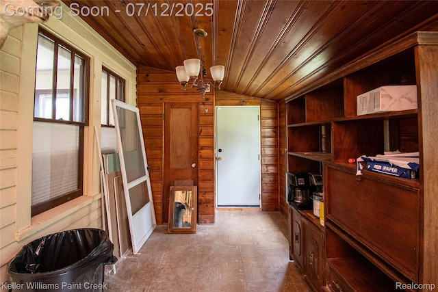 20525 30 Mile Rd, Ray, MI 48096 - foyer with wooden ceiling, lofted ceiling, wood walls, and a chandelier