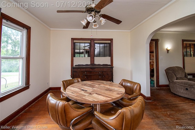 20525 30 Mile Rd, Ray, MI 48096 - dining area with a ceiling fan, arched walkways, hardwood / wood-style flooring, ornamental molding, and plenty of natural light