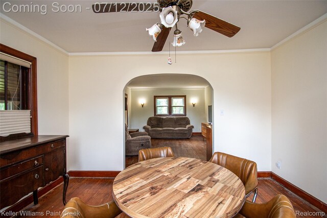 20525 30 Mile Rd, Ray, MI 48096 - dining area featuring arched walkways, a ceiling fan, ornamental molding, and hardwood / wood-style floors