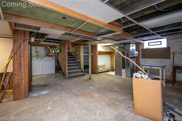 20525 30 Mile Rd, Ray, MI 48096 - below grade area with washing machine and dryer, stairs, and heating unit
