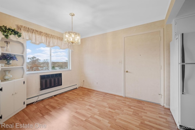 5980 Alan Dr Unit 6, Brighton, MI 48116 - unfurnished dining area featuring a baseboard radiator, light wood-style flooring, a chandelier, and a fireplace