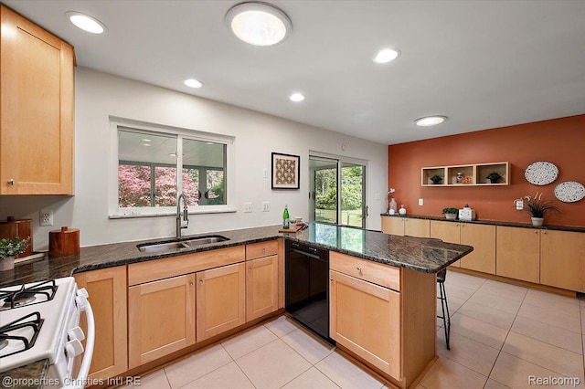 30700 Marimoor St, Beverly Hills, MI 48025 - kitchen with dishwasher, white range with gas cooktop, a peninsula, dark stone countertops, and light tile patterned floors