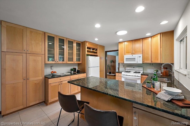 30700 Marimoor St, Beverly Hills, MI 48025 - kitchen featuring white appliances, a peninsula, glass insert cabinets, recessed lighting, and light tile patterned floors