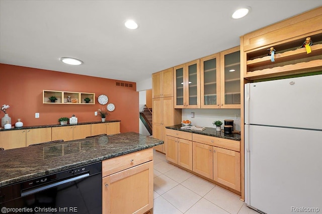 30700 Marimoor St, Beverly Hills, MI 48025 - kitchen featuring freestanding refrigerator, dishwasher, light brown cabinets, open shelves, and light tile patterned floors