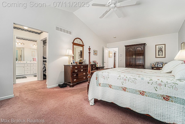 648SHADYMAPLE Shady Maple Dr Unit 16, Wixom, MI 48393 - bedroom with lofted ceiling, light carpet, ceiling fan, and connected bathroom