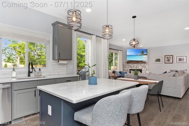 460 Lake Manitou Trl, Oxford, MI 48371 - kitchen featuring gray cabinetry, stainless steel dishwasher, open floor plan, wood finished floors, and recessed lighting