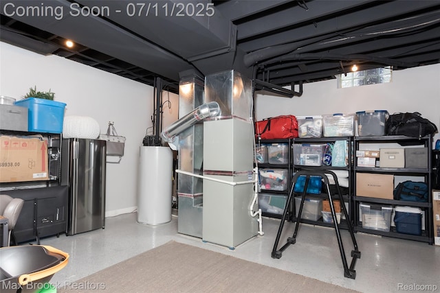 460 Lake Manitou Trl, Oxford, MI 48371 - below grade area with water heater, heating unit, and freestanding refrigerator