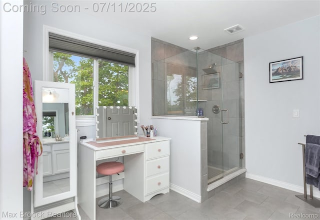 460 Lake Manitou Trl, Oxford, MI 48371 - full bath with a shower stall, vanity, tile patterned flooring, and recessed lighting