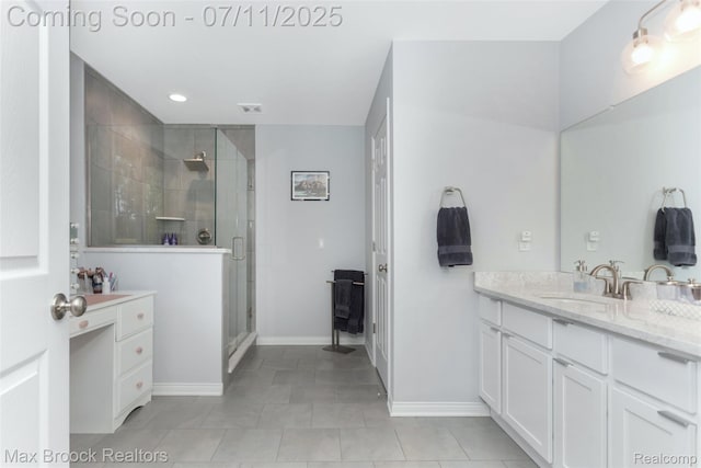 460 Lake Manitou Trl, Oxford, MI 48371 - full bathroom with vanity, a stall shower, tile patterned flooring, and recessed lighting
