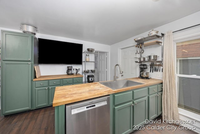 122 Dwight Ave SE, Grand Rapids, MI 49506 - kitchen featuring stainless steel dishwasher, wood counters, green cabinetry, dark wood-style floors, and open shelves