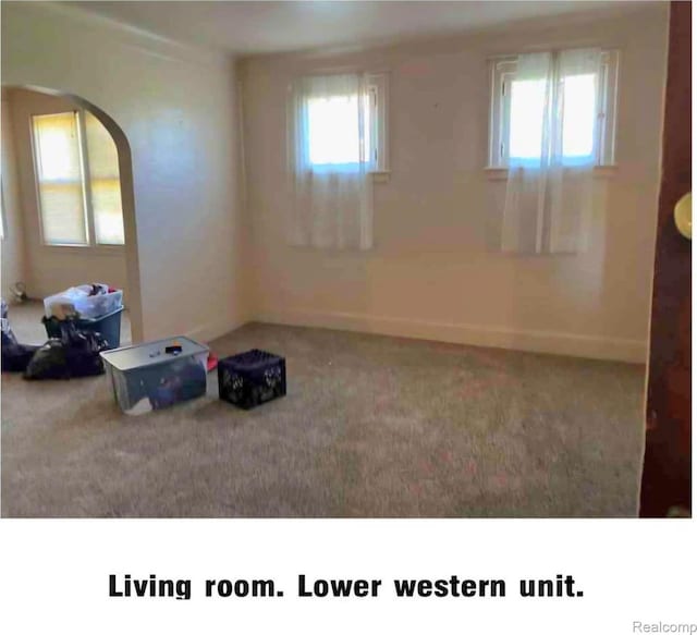 2683 Sturtevant St, Detroit, MI 48206 - carpeted empty room with arched walkways and baseboards