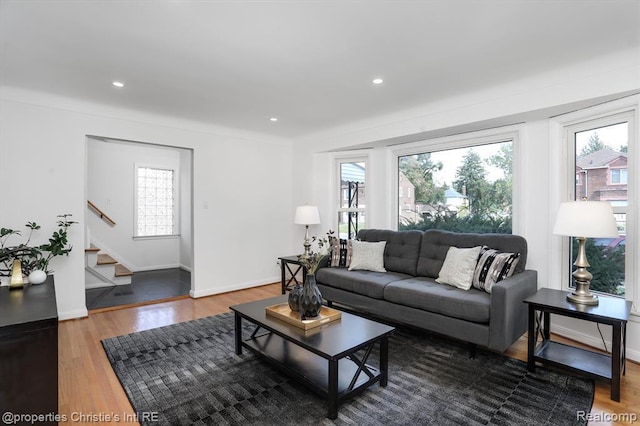 17617 Kentucky St, Detroit, MI 48221 - living room featuring plenty of natural light, stairs, wood finished floors, and recessed lighting