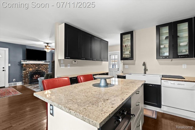 342 King St, Highland, MI 48357 - kitchen featuring white dishwasher, ceiling fan, a stone fireplace, and dark cabinets