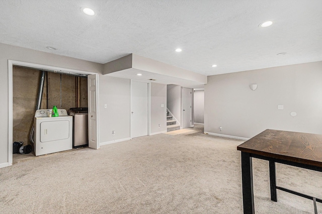 2953 Sunrise Ave, Holland, MI 49424 - finished basement with washing machine and clothes dryer, light carpet, stairway, recessed lighting, and a textured ceiling