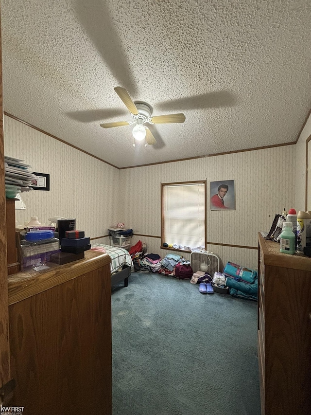 2500 Mann Rd, Clarkston, MI 48356 - bedroom featuring a textured ceiling, carpet flooring, and a ceiling fan