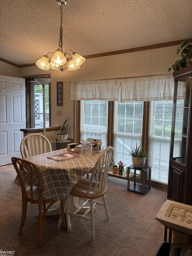 2500 Mann Rd, Clarkston, MI 48356 - carpeted dining area with ornamental molding, a chandelier, and a textured ceiling