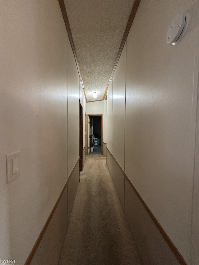 2500 Mann Rd, Clarkston, MI 48356 - corridor featuring a textured ceiling, light carpet, and crown molding