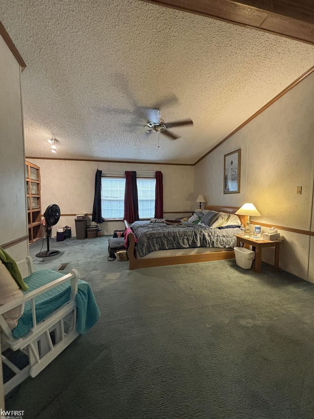 2500 Mann Rd, Clarkston, MI 48356 - bedroom with carpet, a textured ceiling, ceiling fan, vaulted ceiling, and ornamental molding