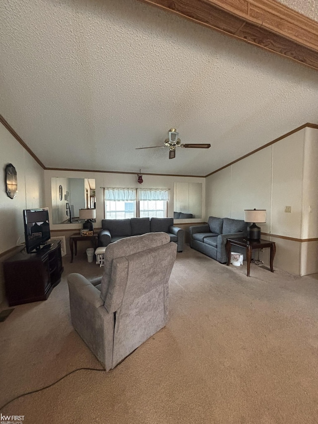 2500 Mann Rd, Clarkston, MI 48356 - carpeted living area with crown molding, ceiling fan, vaulted ceiling, and a textured ceiling