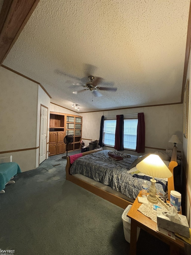 2500 Mann Rd, Clarkston, MI 48356 - bedroom with ornamental molding, carpet flooring, a textured ceiling, and a ceiling fan
