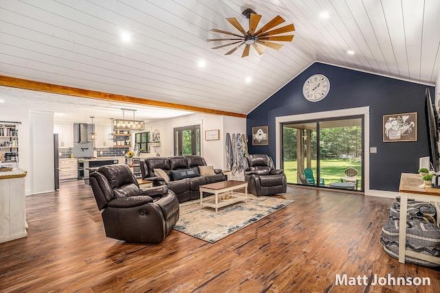 2771 Deer Run Rd, Muskegon, MI 49445 - living area featuring wood finished floors, ceiling fan, vaulted ceiling, recessed lighting, and wooden ceiling