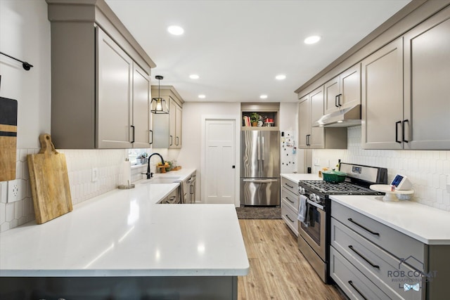2641 Garfield Ave NW, Grand Rapids, MI 49544 - kitchen featuring appliances with stainless steel finishes, under cabinet range hood, gray cabinetry, light countertops, and backsplash