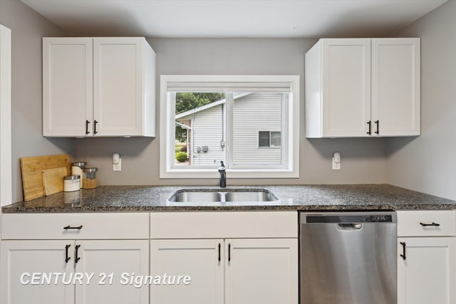 6357 Mackinaw Rd, Saginaw, MI 48604 - kitchen featuring dishwasher, white cabinetry, and dark stone counters