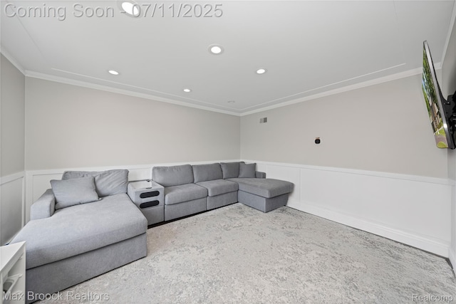 5534 Apple Ridge Trl, West Bloomfield, MI 48322 - living room featuring ornamental molding, a wainscoted wall, recessed lighting, and a decorative wall