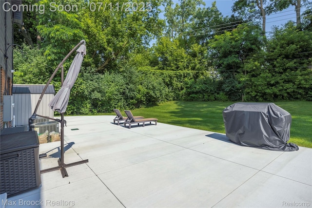5534 Apple Ridge Trl, West Bloomfield, MI 48322 - view of patio featuring grilling area, view of wooded area, and a storage unit