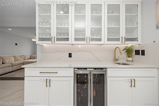 5534 Apple Ridge Trl, West Bloomfield, MI 48322 - indoor wet bar featuring wine cooler and decorative backsplash