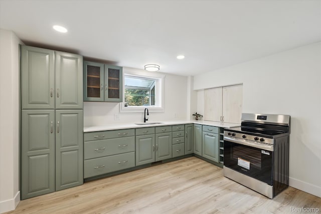 11240 Silver Lake Rd, Byron, MI 48418 - kitchen featuring stainless steel electric range, green cabinets, light wood-style flooring, light countertops, and glass insert cabinets