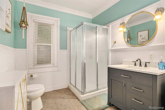 124 N Line St, Chesaning, MI 48616 - full bath featuring vanity, a stall shower, wainscoting, ornamental molding, and tile patterned flooring