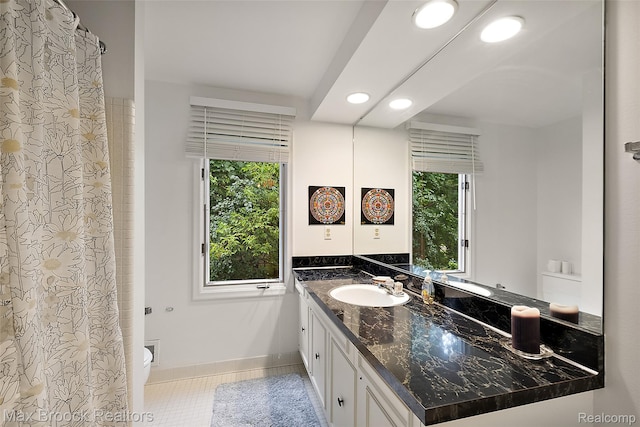 3350 Franklin Rd, Bloomfield Hills, MI 48302 - bathroom with recessed lighting, vanity, tile patterned flooring, and a shower with curtain