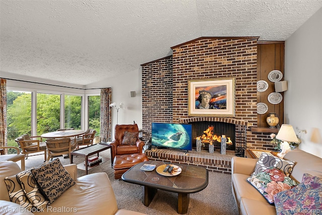 3350 Franklin Rd, Bloomfield Hills, MI 48302 - living room featuring lofted ceiling, a textured ceiling, a fireplace, and carpet floors