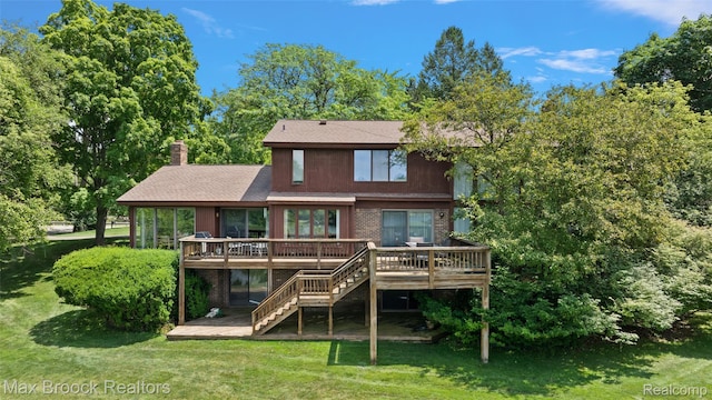 3350 Franklin Rd, Bloomfield Hills, MI 48302 - back of house with a wooden deck, stairway, a lawn, and a chimney